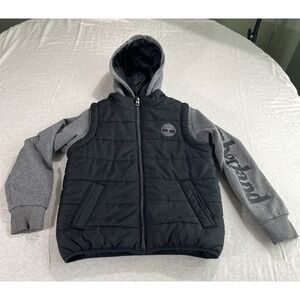 Timberland Kids Hooded Jacket Puffer Vest Logo Sleeve Gray Black Size Small 7/8